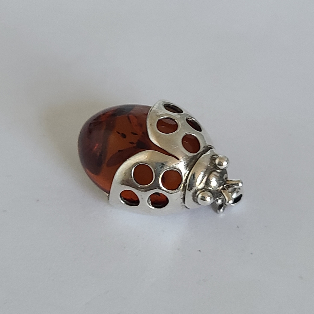 Vintage Boho Sterling Silver Orange Amber Figural Ladybug Brooch Pin